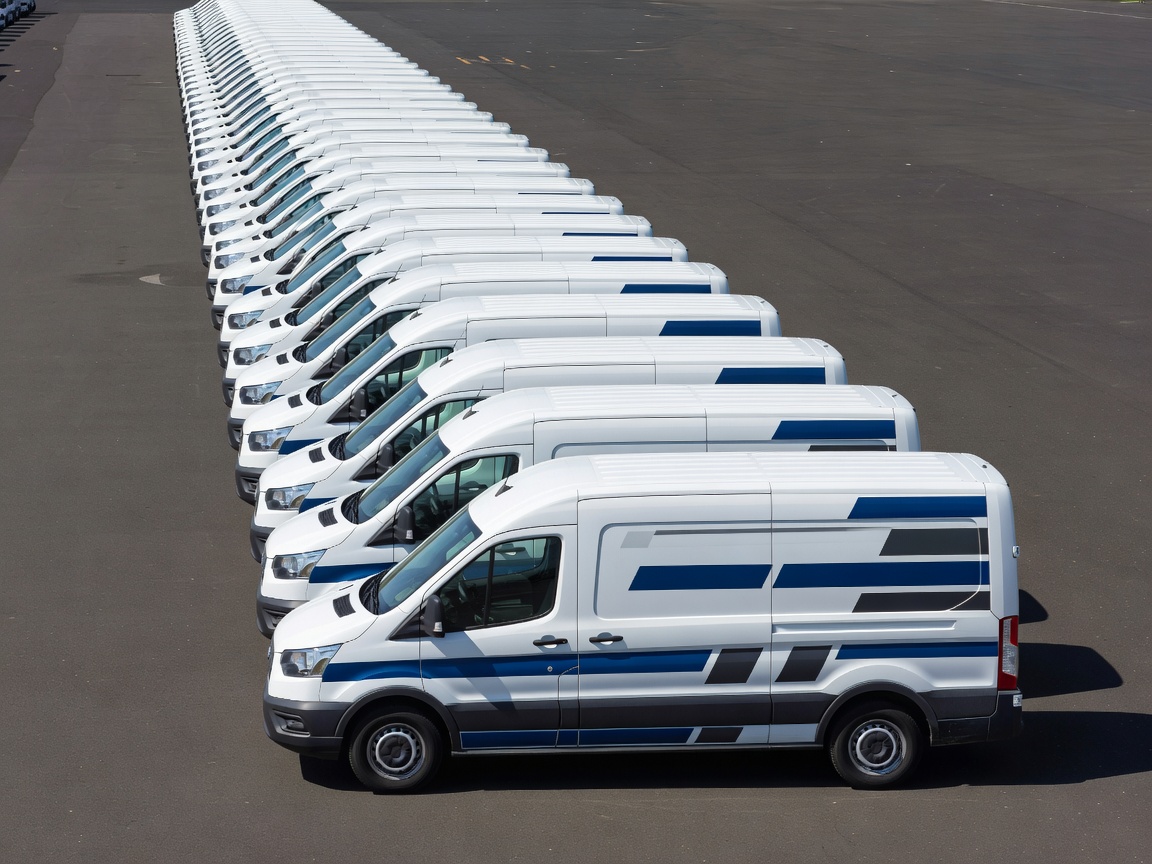 A fleet of identical commercial delivery vans parked sequentially outdoors featuring consistent, precisely applied branded graphics
