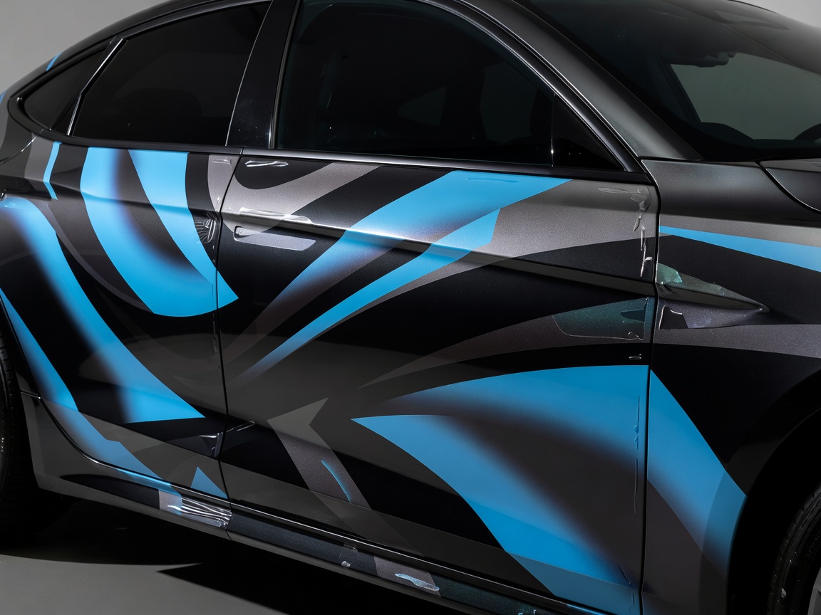 Close detail of a vehicle with a partial vinyl wrap design applied to the side panels