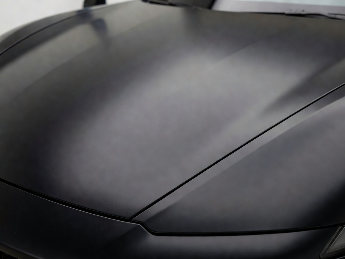 Close-up detail of a dark satin finish vinyl wrap applied seamlessly and smoothly to the bonnet of a vehicle