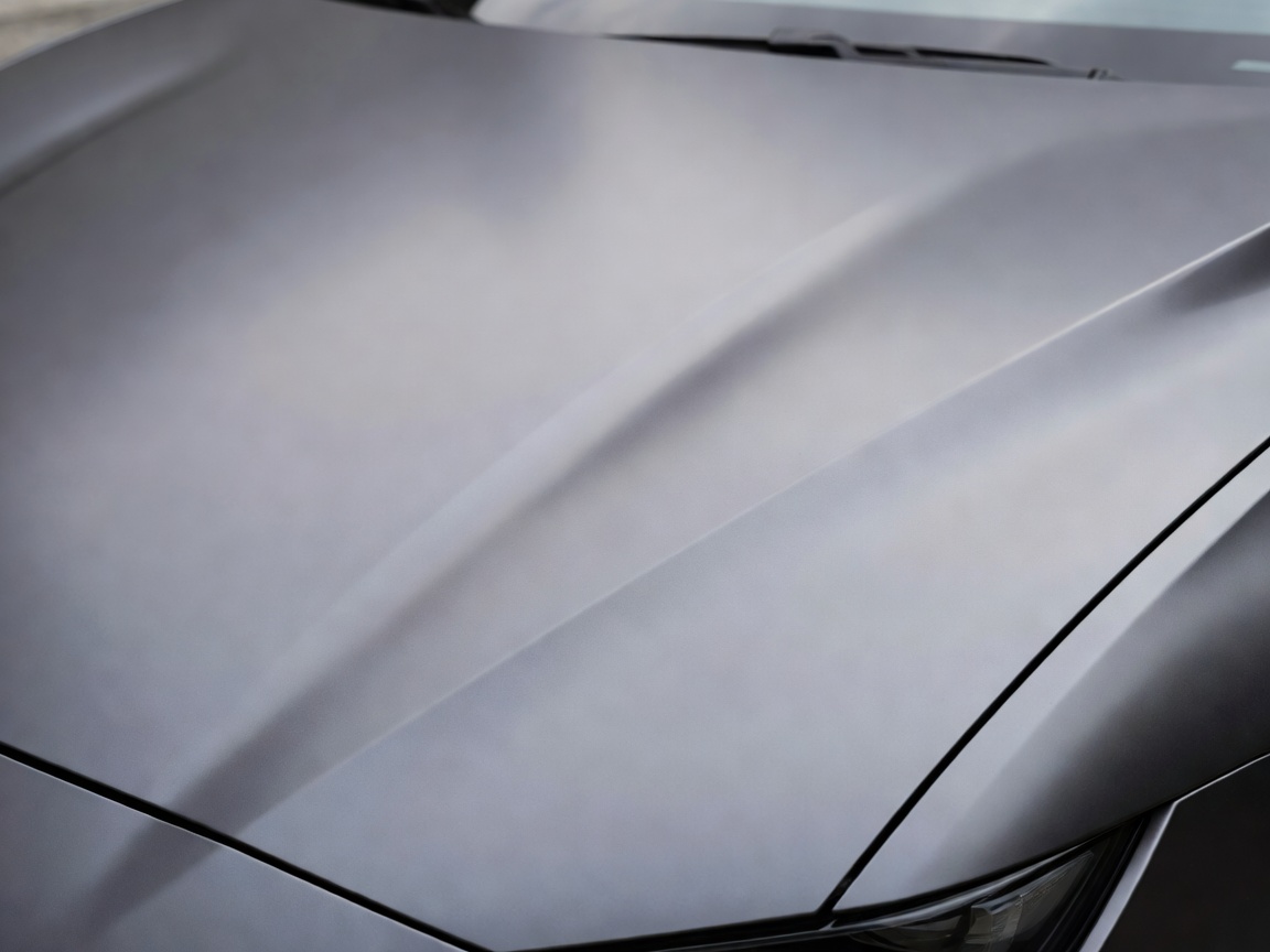 Close up detail of a satin grey vinyl wrap applied to the bonnet of a modern vehicle