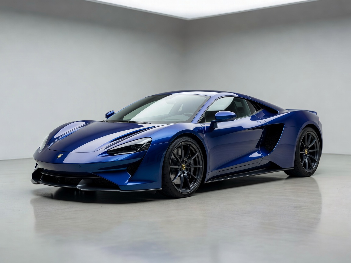 Completed full vehicle wrap in gloss blue on a modern sports car parked in an automotive studio setting