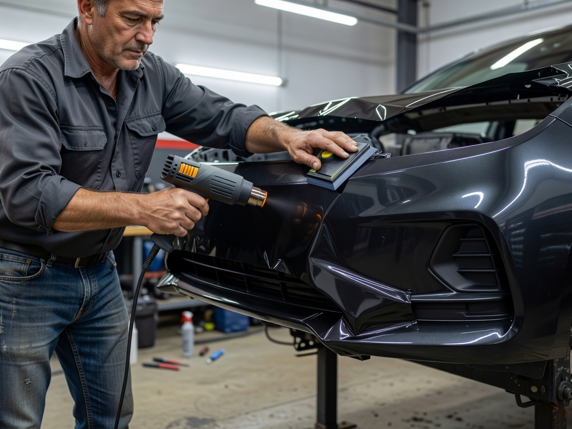 Detail view of an installer using a squeegee and heat gun to apply vinyl wrap to the complex contours of a car bumper in a workshop