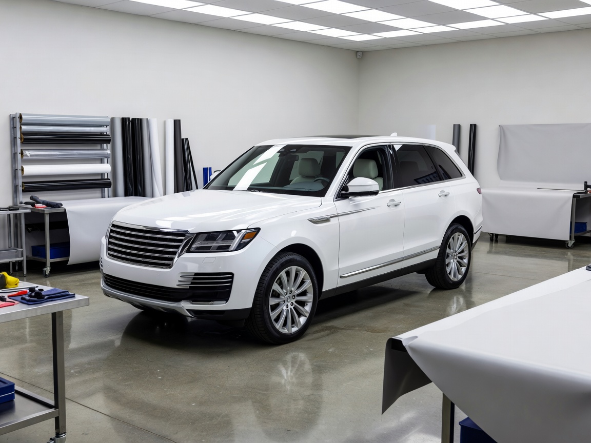 Factory white luxury SUV before vinyl wrap installation