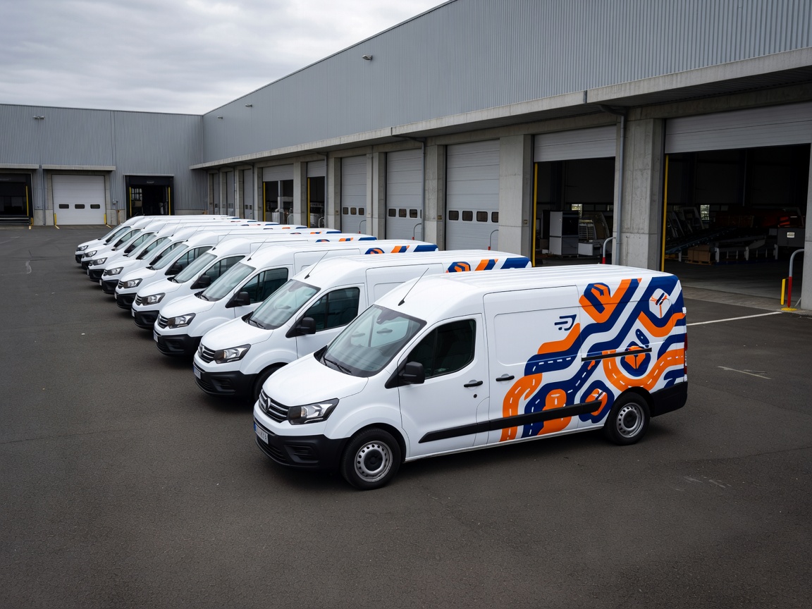 Fleet of delivery vans parked outside featuring consistent branded commercial graphics