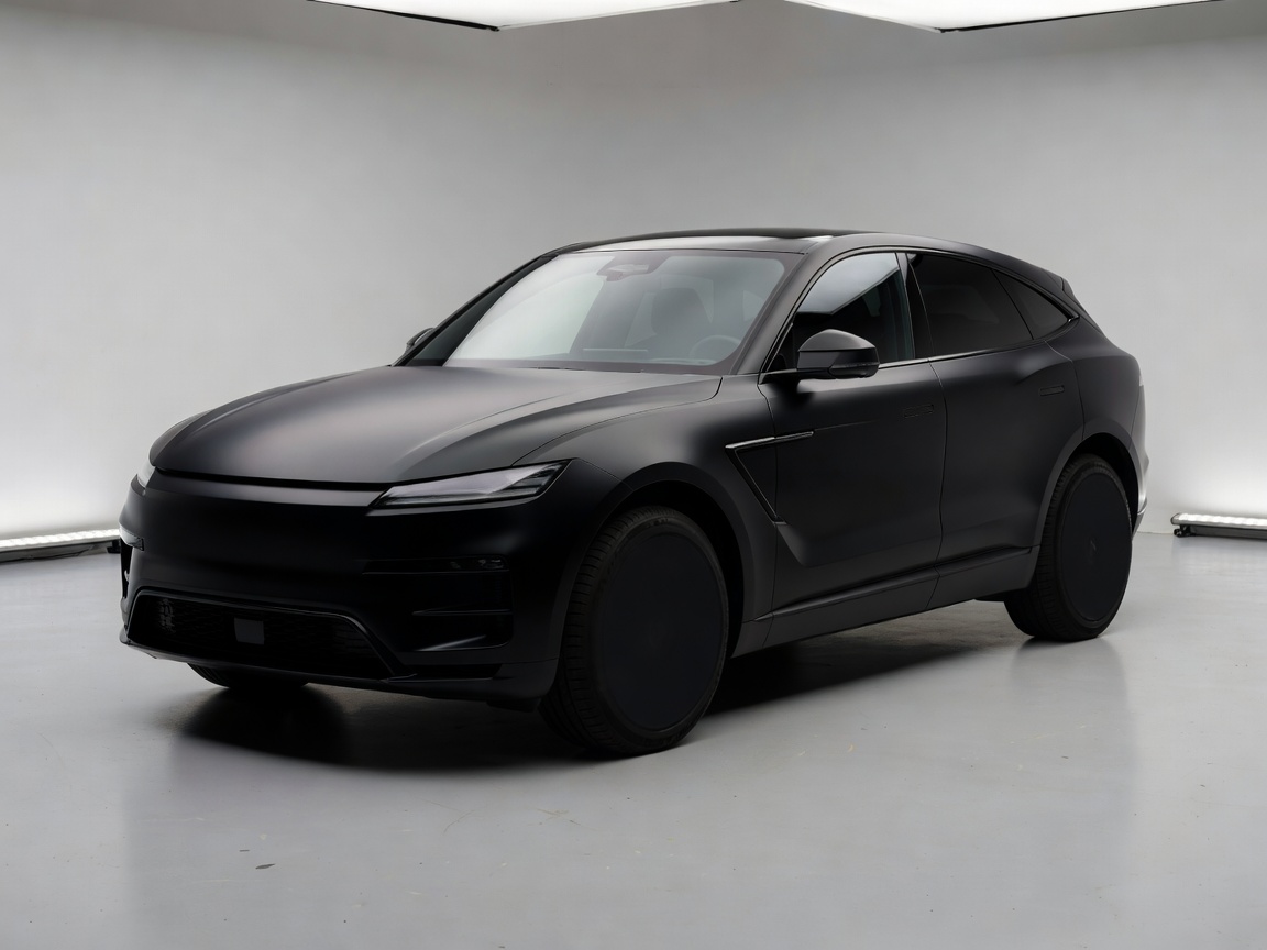 Luxury SUV transformed with a complete matte black vinyl wrap in an automotive studio
