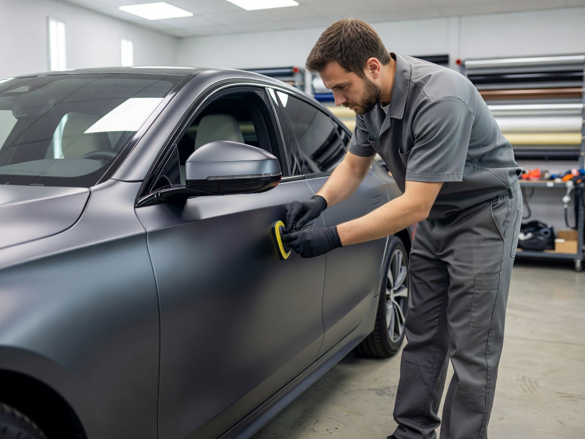 Professional wrap installer applying vinyl wrap to a modern European vehicle in a clean automotive workshop