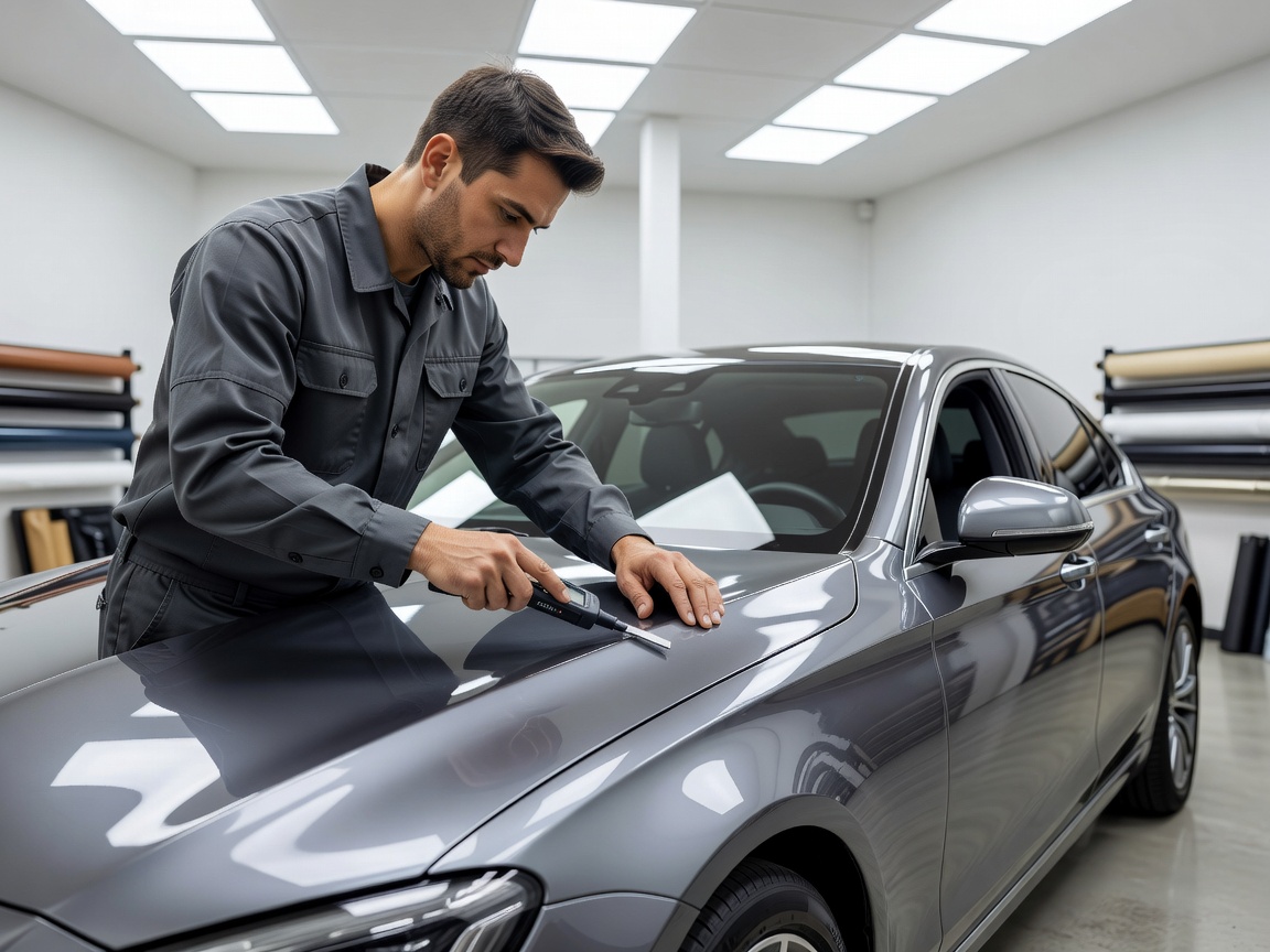 Professional wrap installer carefully measuring and applying vinyl wrap in a clean, brightly lit automotive studio