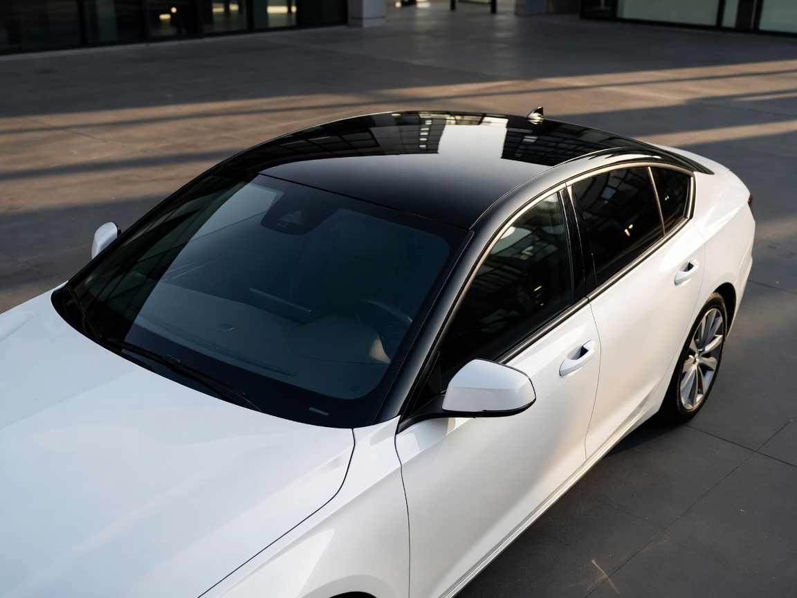 Sleek gloss black roof wrap installed meticulously on a white sedan creating striking visual contrast