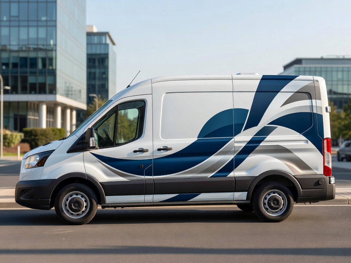 White commercial transit van fitted with professional business graphics on the side panels